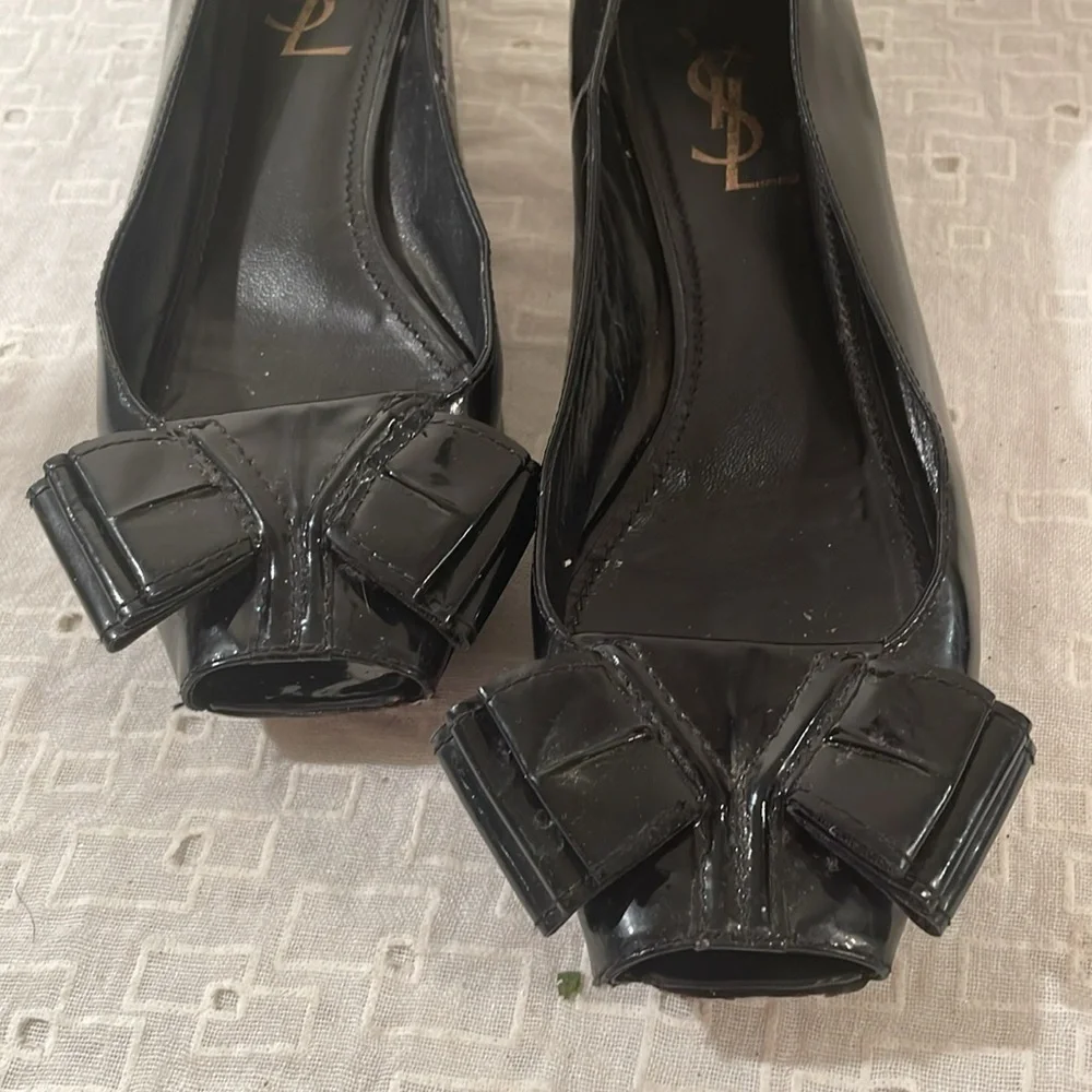 Yves Saint Laurent Black Flat Peep Toe Bow Flat Shoes - Picture 2 of 13